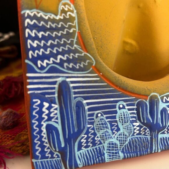 Vtg Mexican Folk Art Pottery Picture Frame Sun Moon Celestial Face Green Blue - Picture 2 of 16